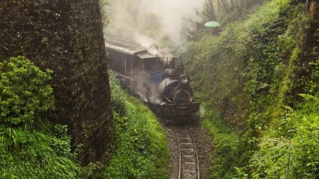 Toy train riding through a narrow track .