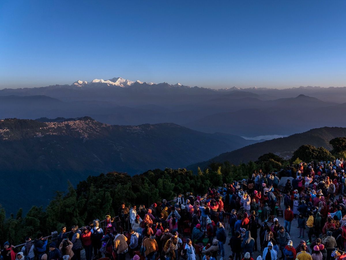 Crowd of tourists to watch the sunrise in Tiger Hill Darjeeling.